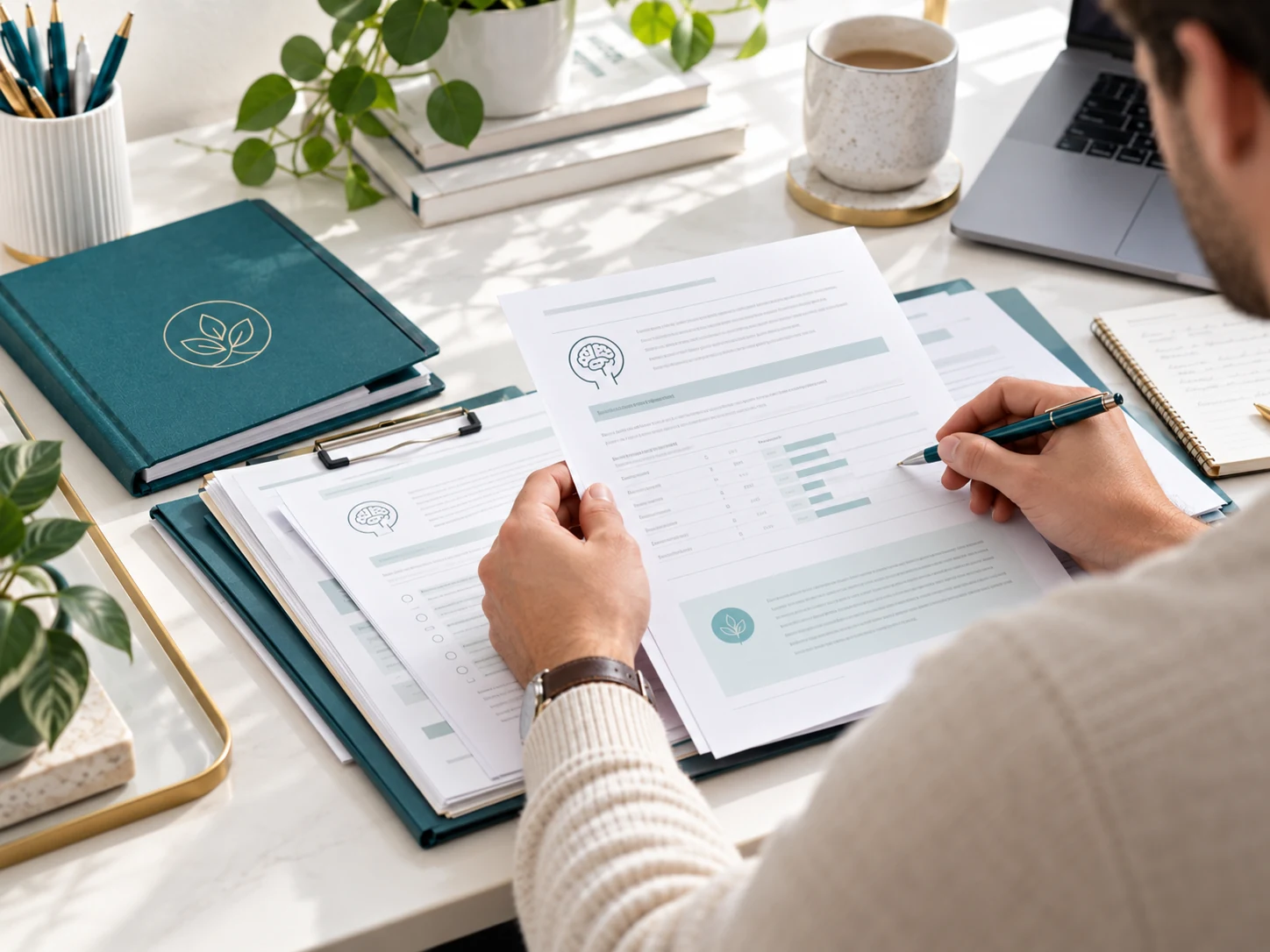 Illustrative printed psychological screening documents being carefully reviewed at a desk
