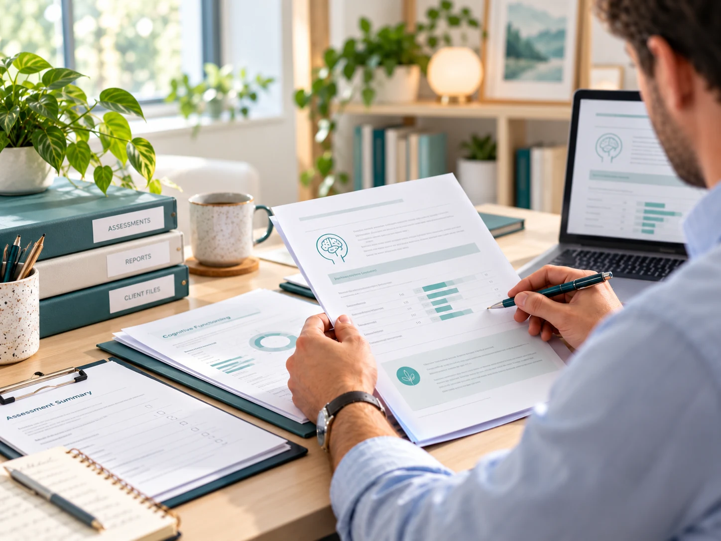 Illustrative organised professional reports and printed assessment paperwork