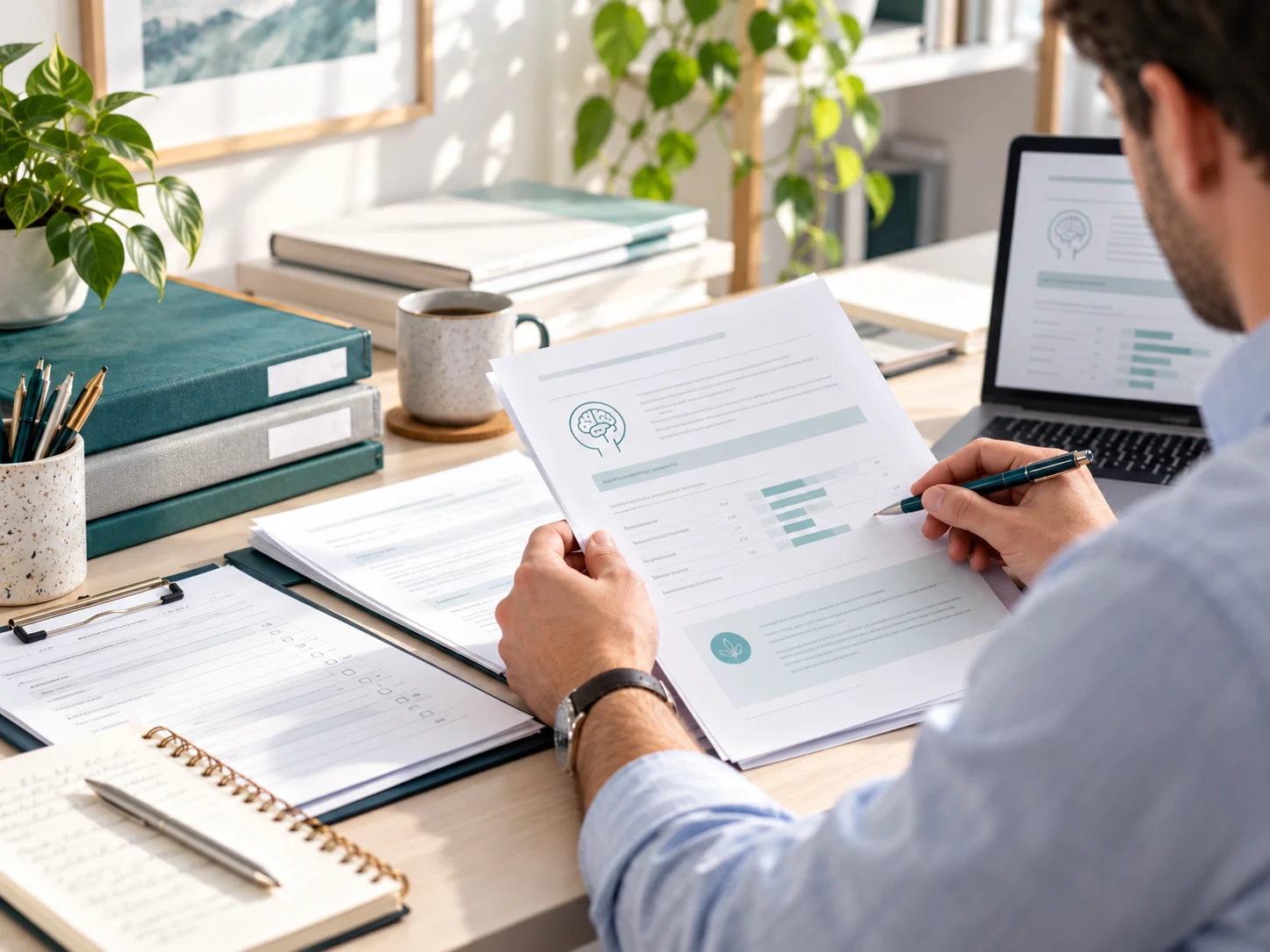 Illustrative side-view of a male professional reviewing printed assessment documentation, professional reports and organised paperwork at a desk