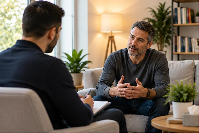 Illustrative adult male talking with a male counsellor during a focused supportive conversation in a private room