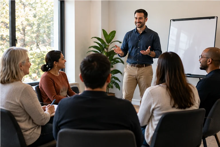 Illustrative facilitator presenting to a diverse small-group learning workshop