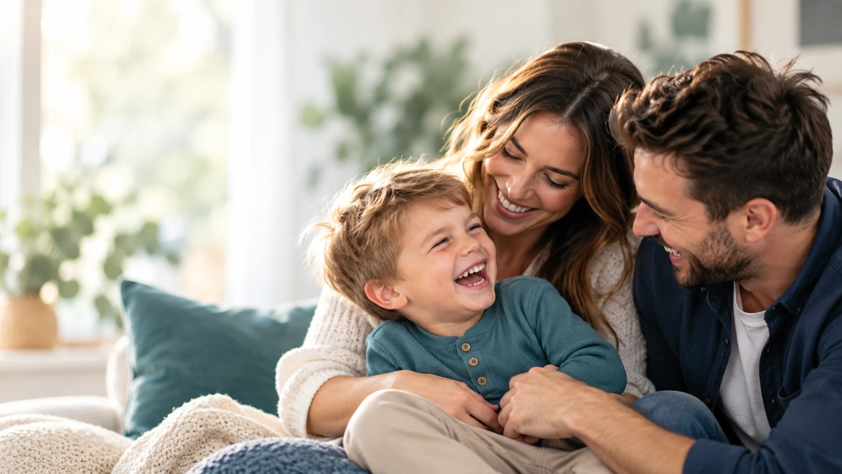 Illustrative joyful family moment, with a young child laughing warmly with two caring adults