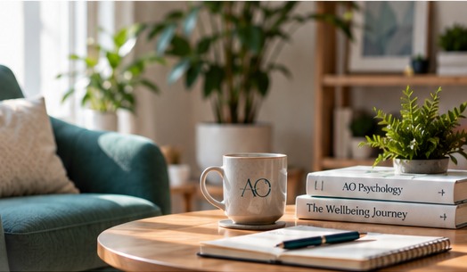 Illustrative AO Psychology-branded wellbeing resources on a table beside seating