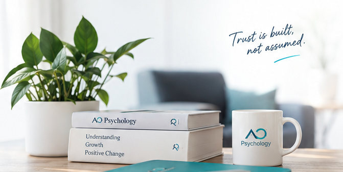 Illustrative AO Psychology branded books and journal representing independent learning and reflective resources