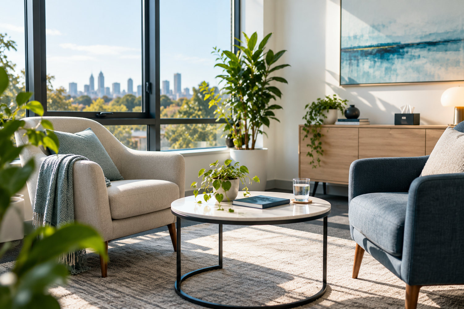 Illustrative light-filled therapy room with two chairs and natural greenery