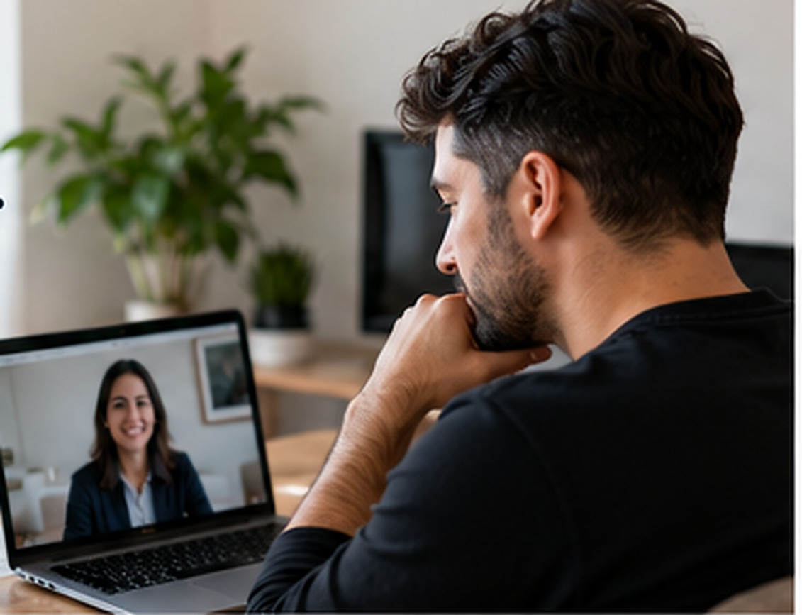 Illustrative adult attending a private online consultation using a laptop